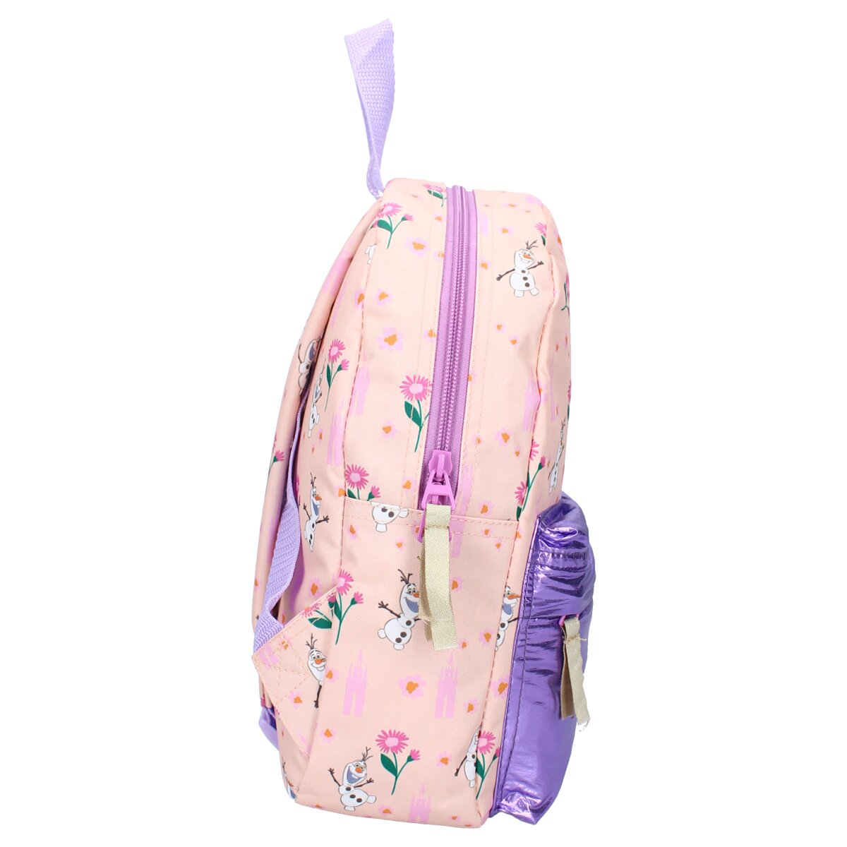 Rosa Rucksack mit Olaf-Aufdruck, lila Besatz und Reißverschluss. Seitenansicht.