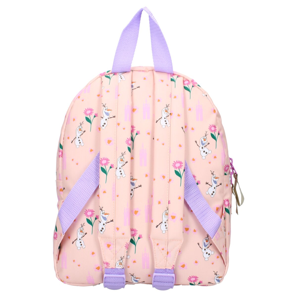 Rosa Rucksack mit Olaf-Aufdruck. Fliederfarbene Träger und Griff. Weißer Hintergrund.