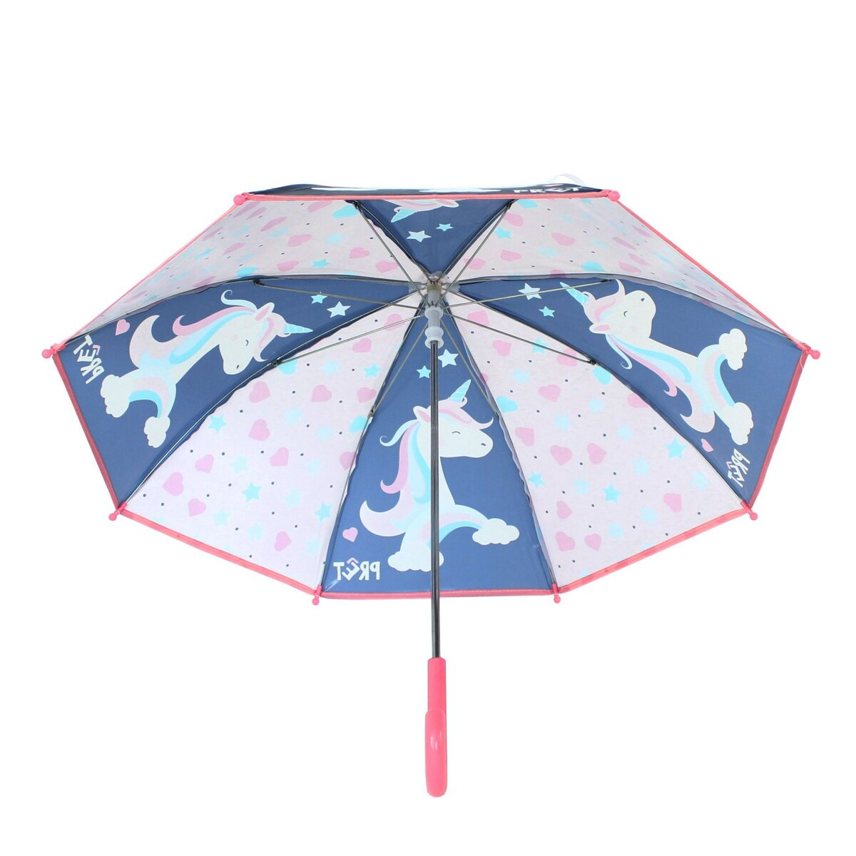 Einhorn-Regenschirm, blau und weiß, mit rosa Einfassung und Griff, vor weißem Hintergrund.
