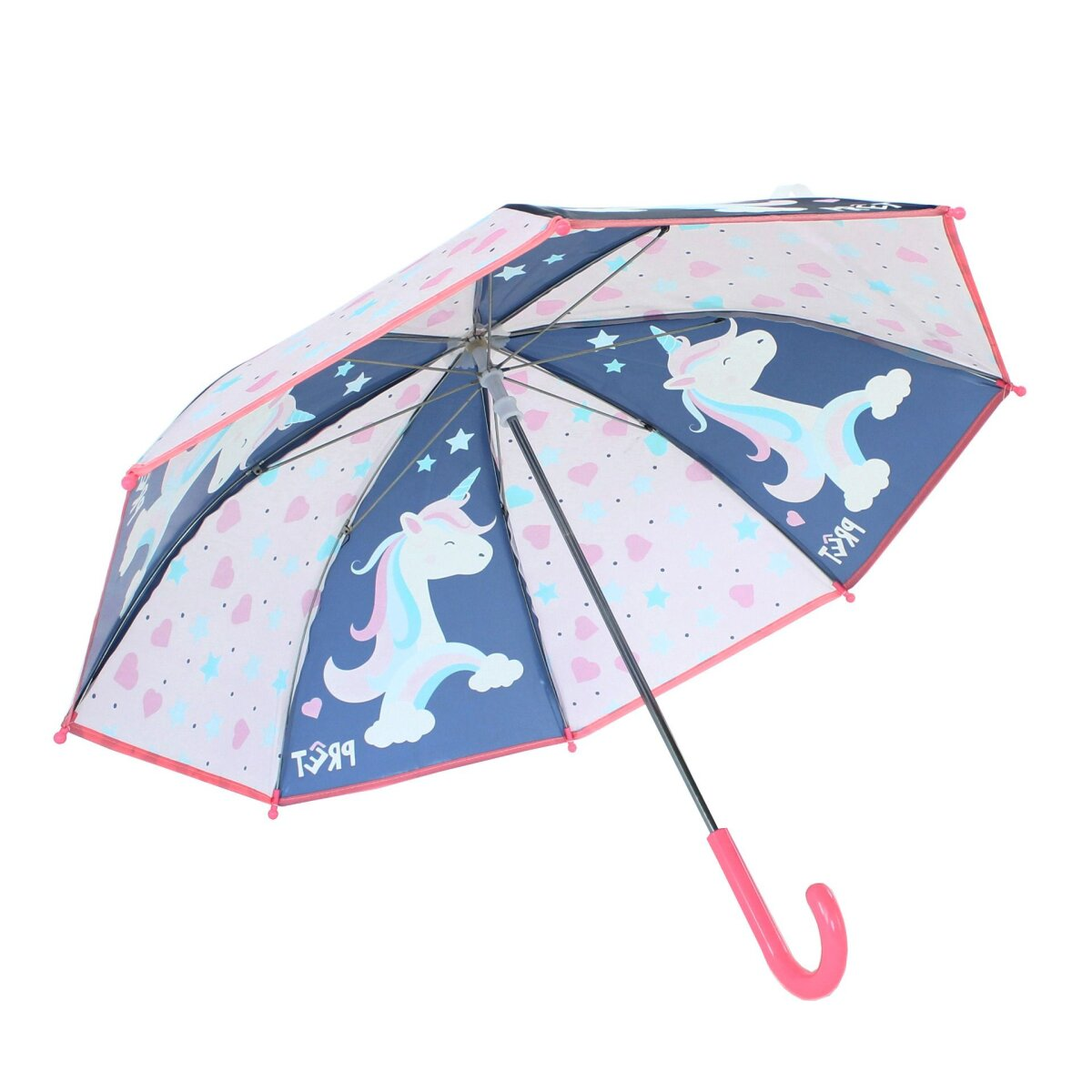 Ein offener, rosa-blauer Regenschirm mit Einhorn-Designs und Sternmustern. Der Griff ist rosa.