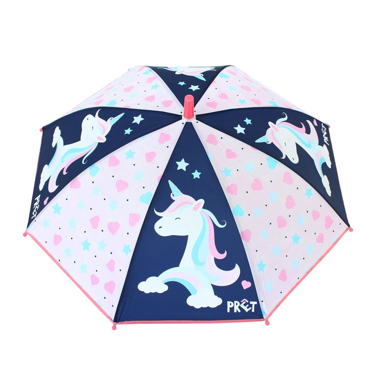 Einhorn-Regenschirm mit rosa und blauen Details. Weißer Hintergrund.