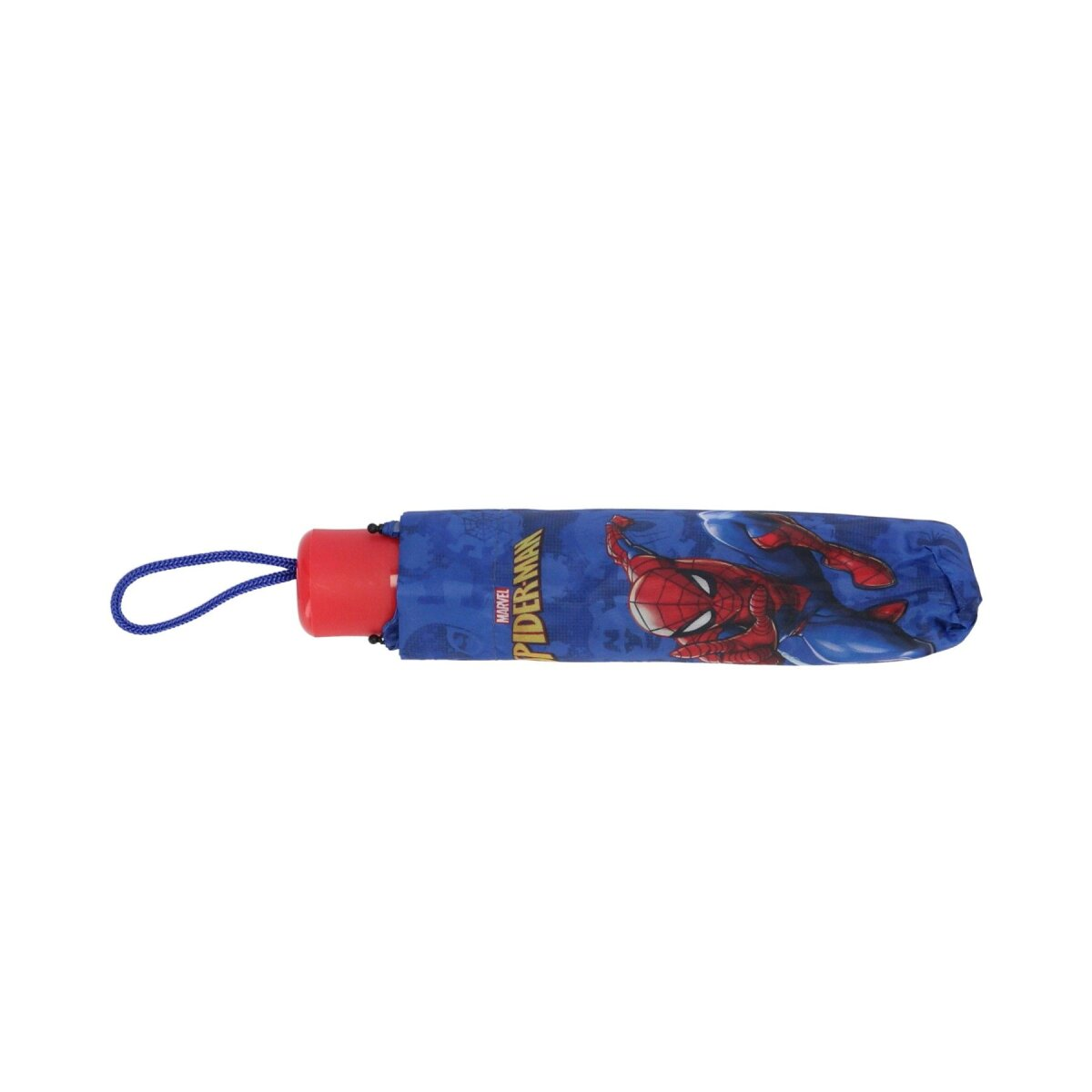 Ein zusammengefalteter blauer Spiderman-Regenschirm mit rotem Griff, auf weißem Hintergrund.