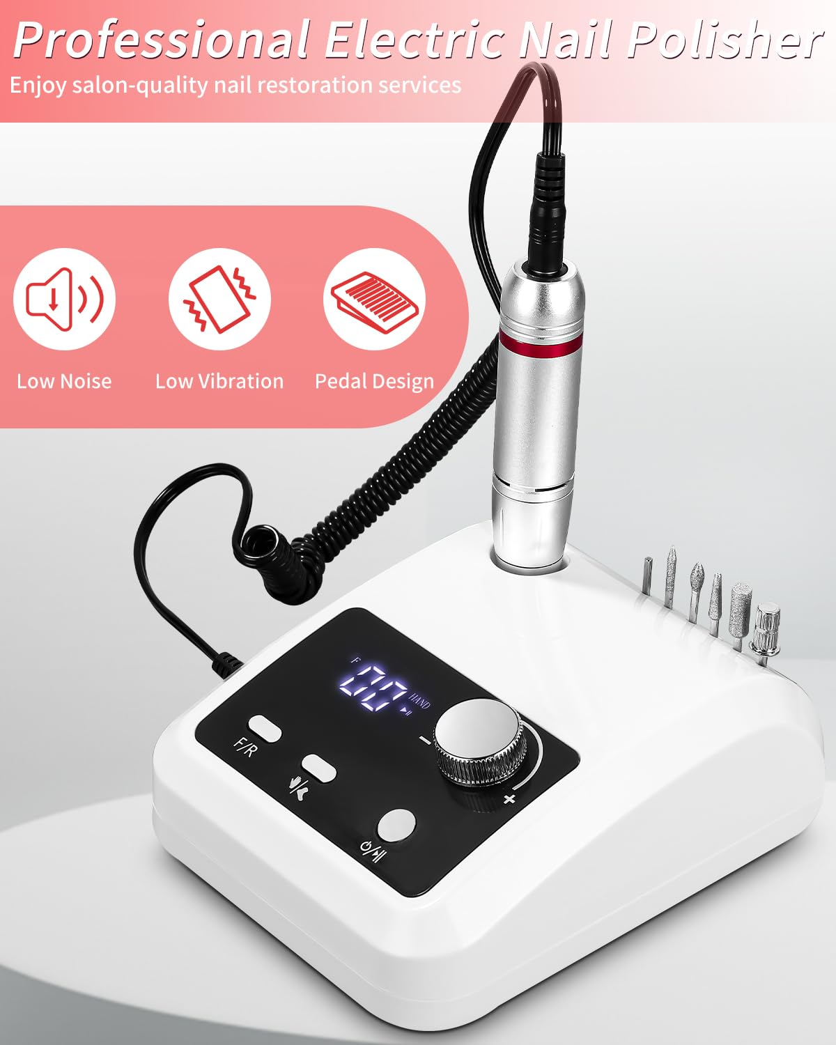 Professioneller elektrischer Nagelpolierer mit geringem Geräuschpegel, Vibration und Pedaldesign, weiße Basis.