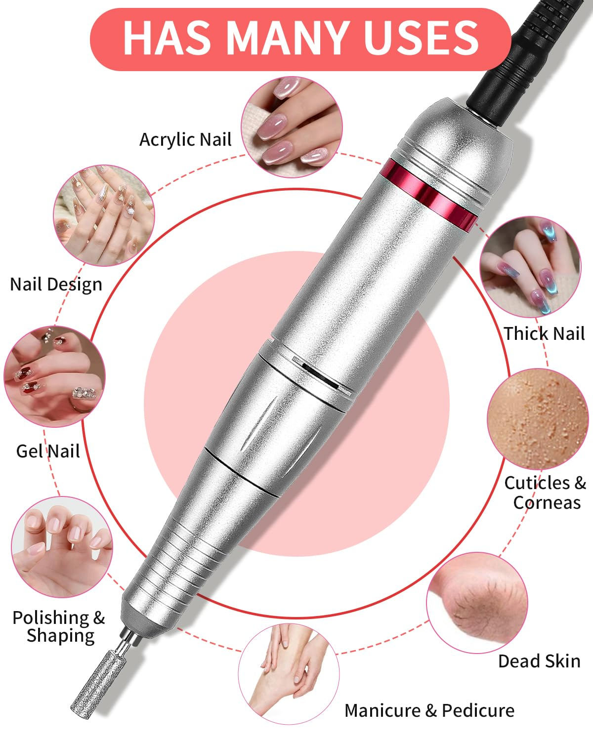 Elektrischer Nagelbohrer mit vielfältigen Anwendungsmöglichkeiten. Beinhaltet Nageldesign, Gel-Nägel und Nagelhautpflege.