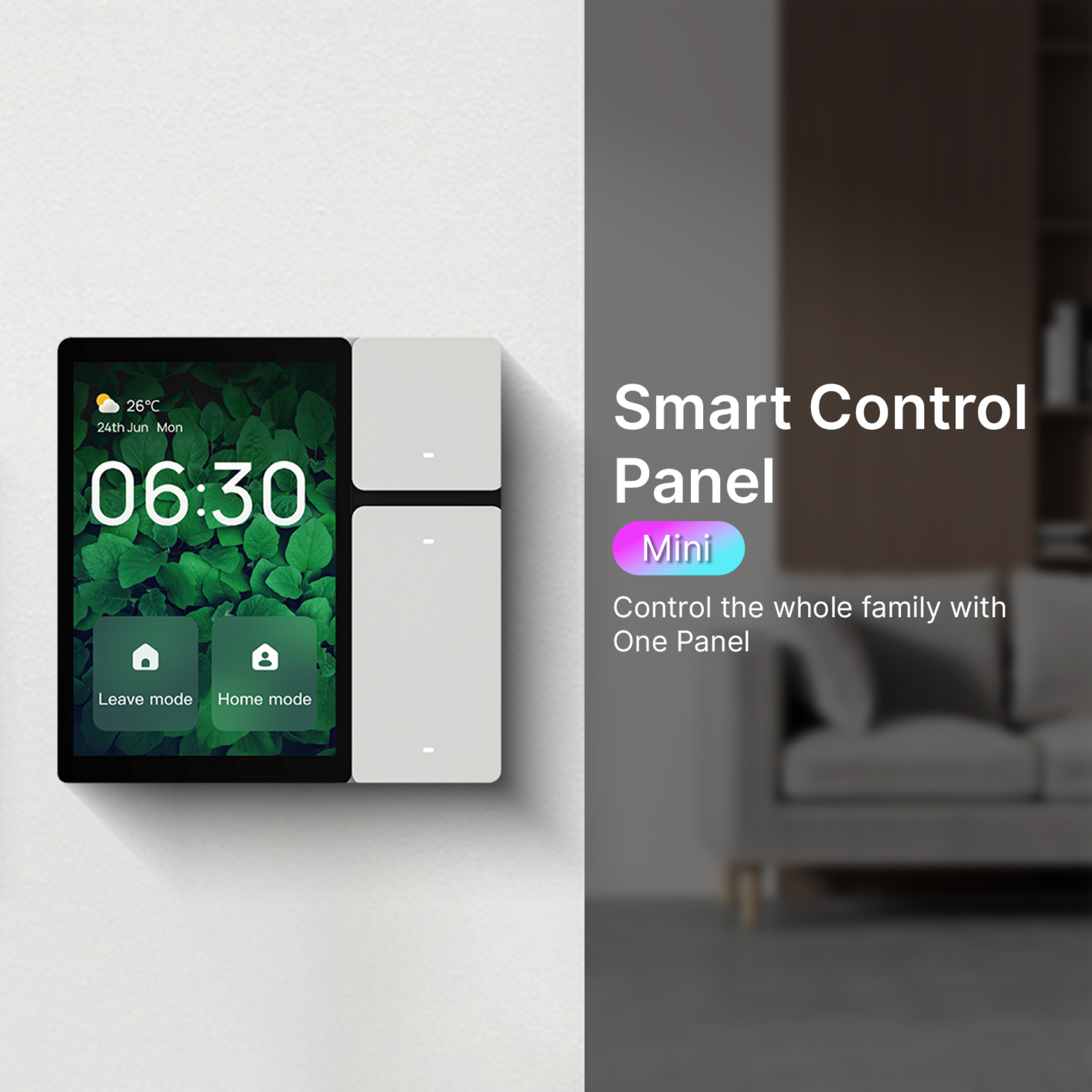 Ein Smart Control Panel mit einem Bildschirm, der Zeit und Temperatur anzeigt, mit modernem Wohninterieur im Hintergrund.