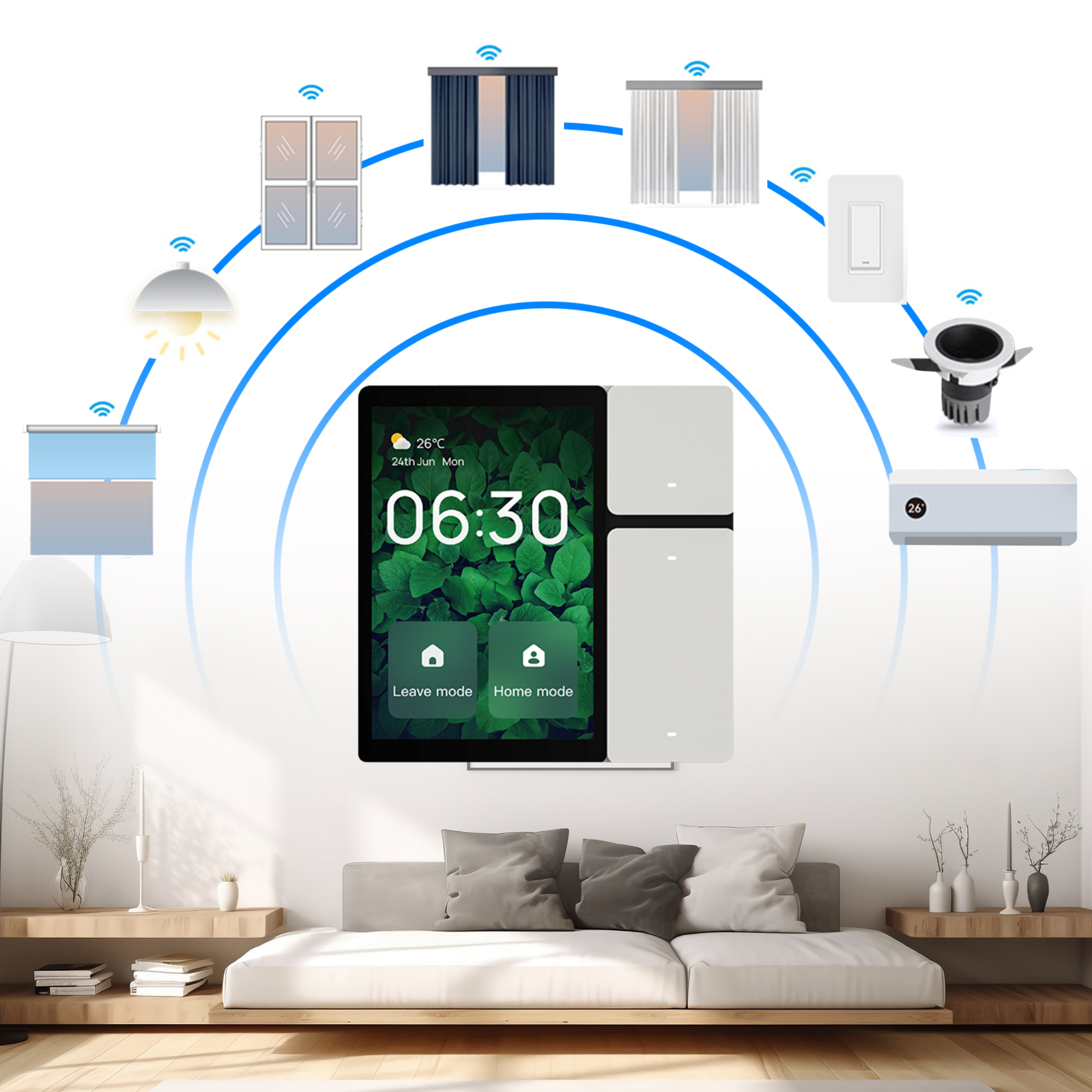 Ein Smart-Home-Bedienfeld mit zusätzlichen Geräten im ganzen Haus, die alle drahtlos verbunden sind.