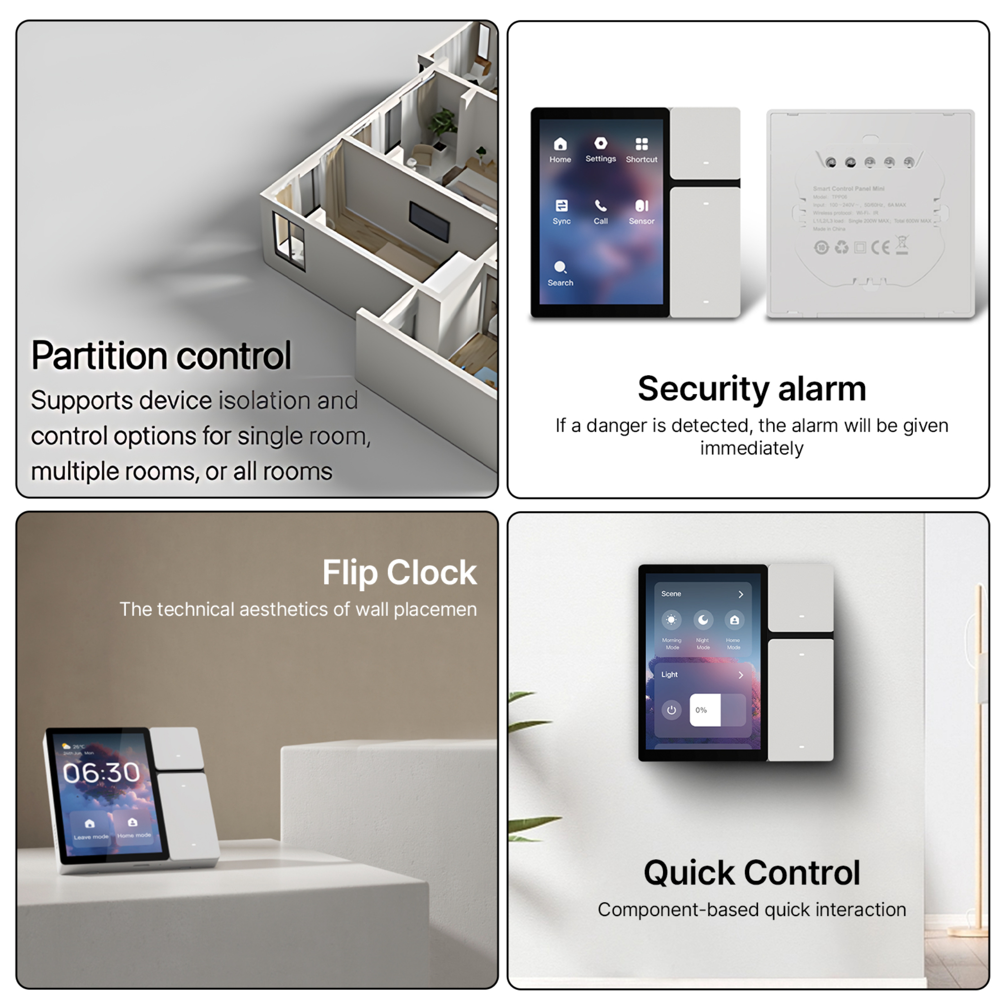 Smart Home Control Panel mit Optionen für Raumsteuerung, Sicherheitsalarm, Flip Clock und Schnellsteuerung.