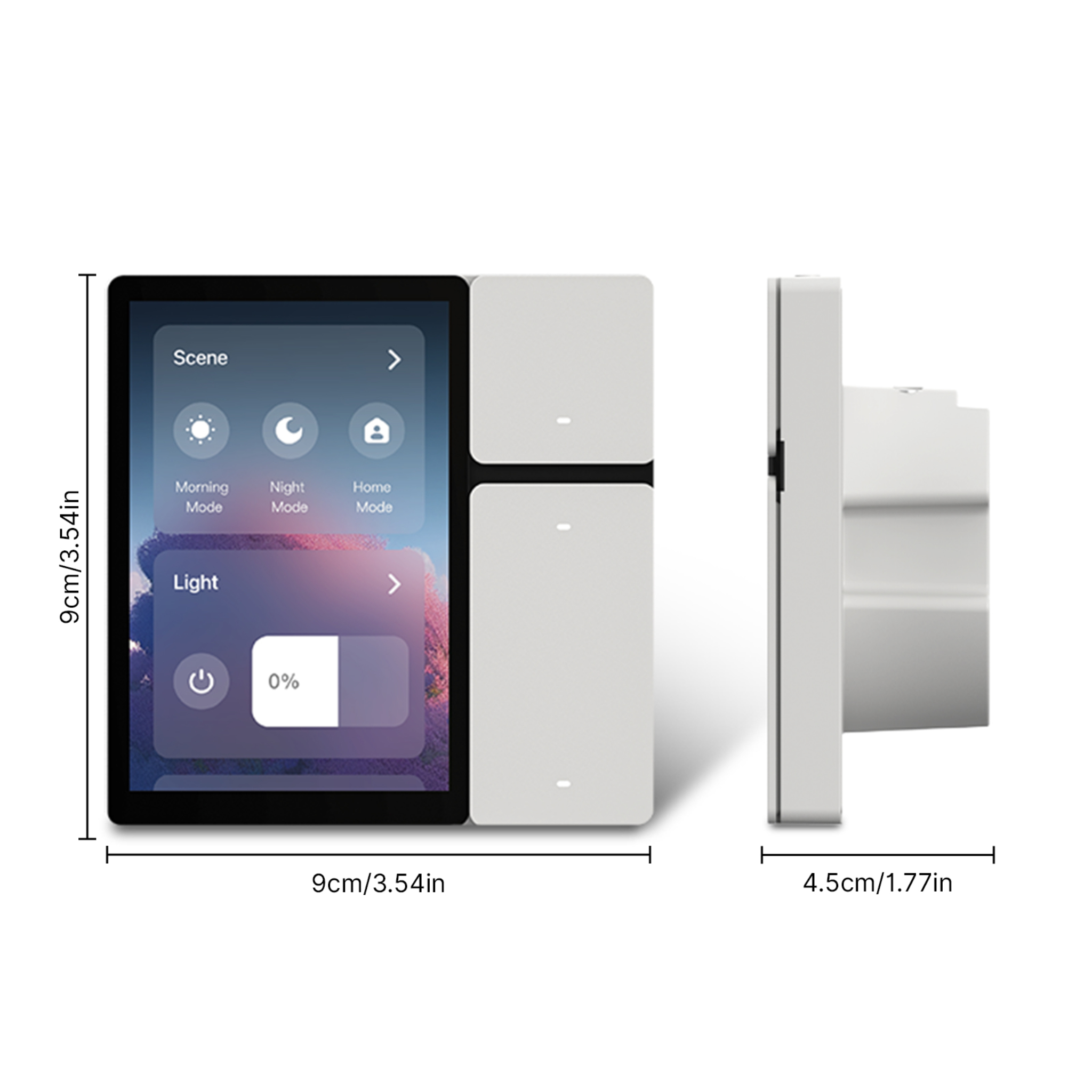 Weißer Smart-Schalter mit Bildschirm und Abmessungen. Weißer Hintergrund.