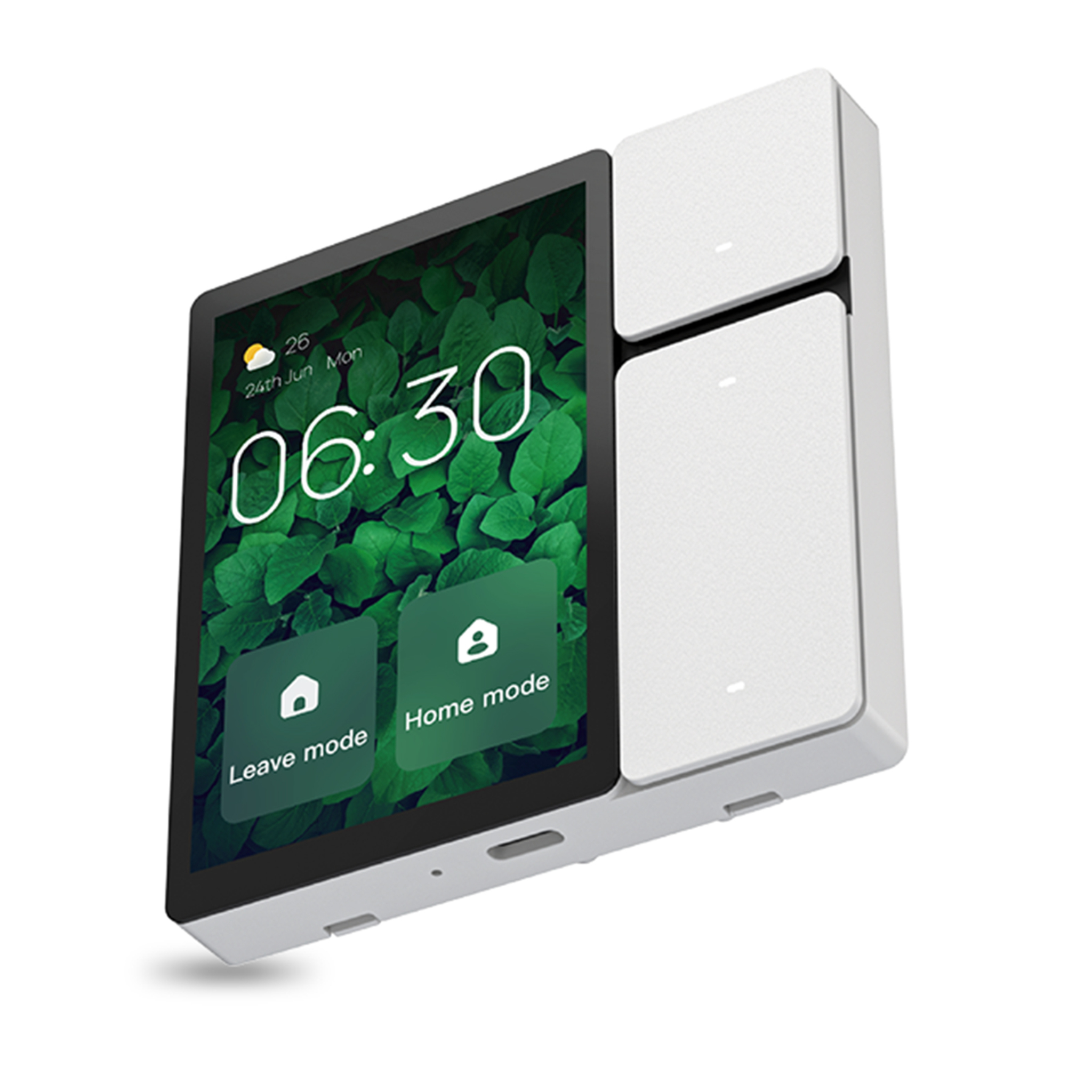 Ein weißes Smart-Home-Gerät mit einem Bildschirm, der eine Uhr und Home/Leave-Modus-Tasten anzeigt.