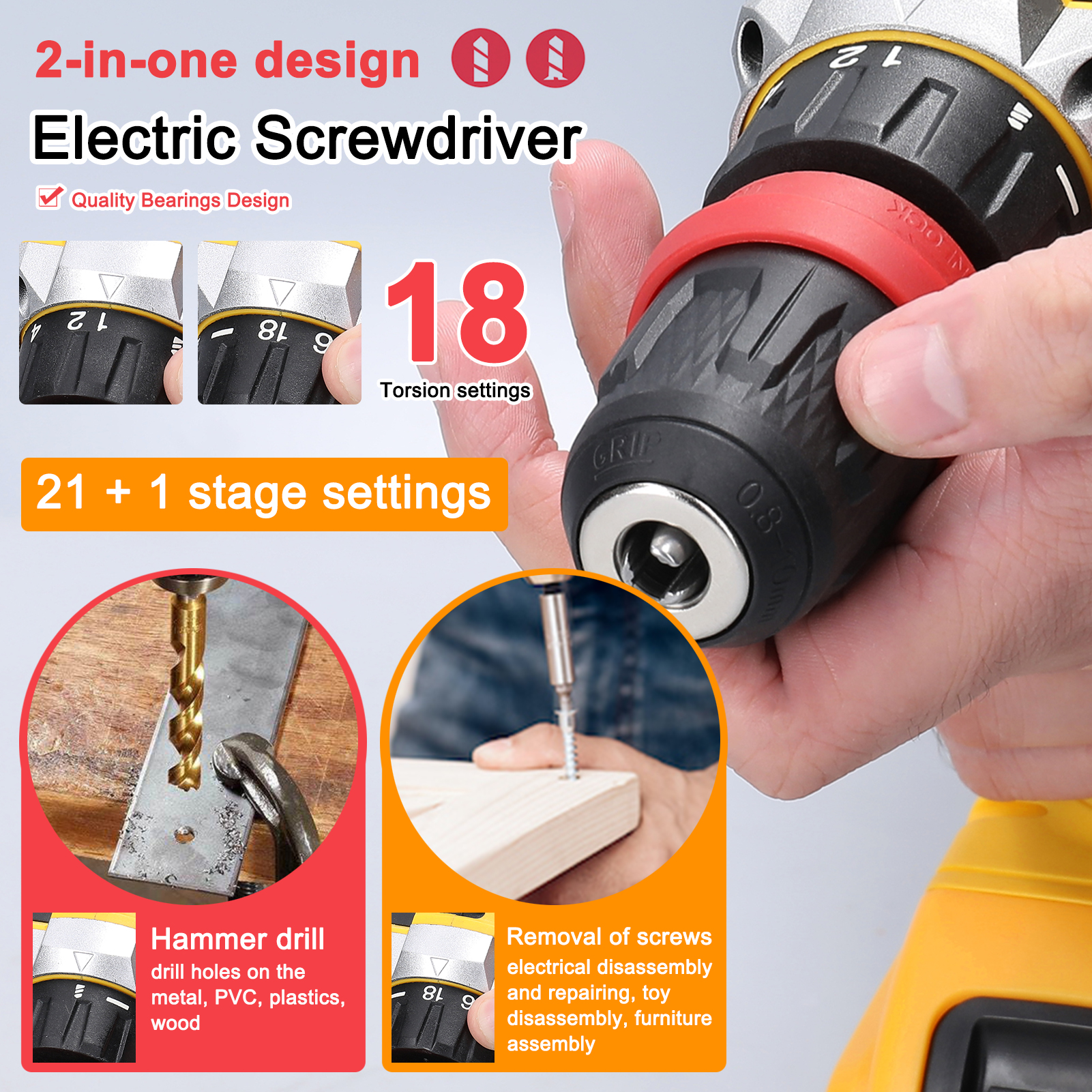Elektrischer Schraubendreher mit 2-in-1-Design und 18 Drehmomenteinstellungen. Gelb und schwarz. Weißer Hintergrund.