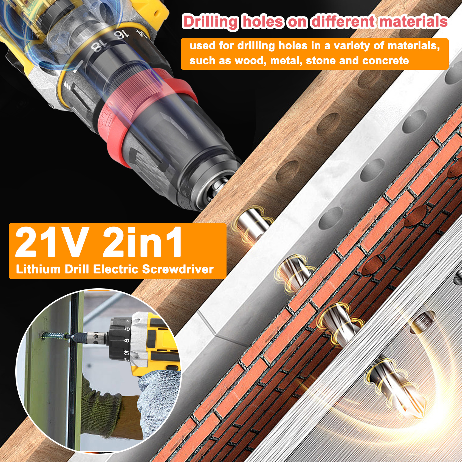 21V Elektroschrauber bohrt Löcher in Holz, Ziegel und Metall.