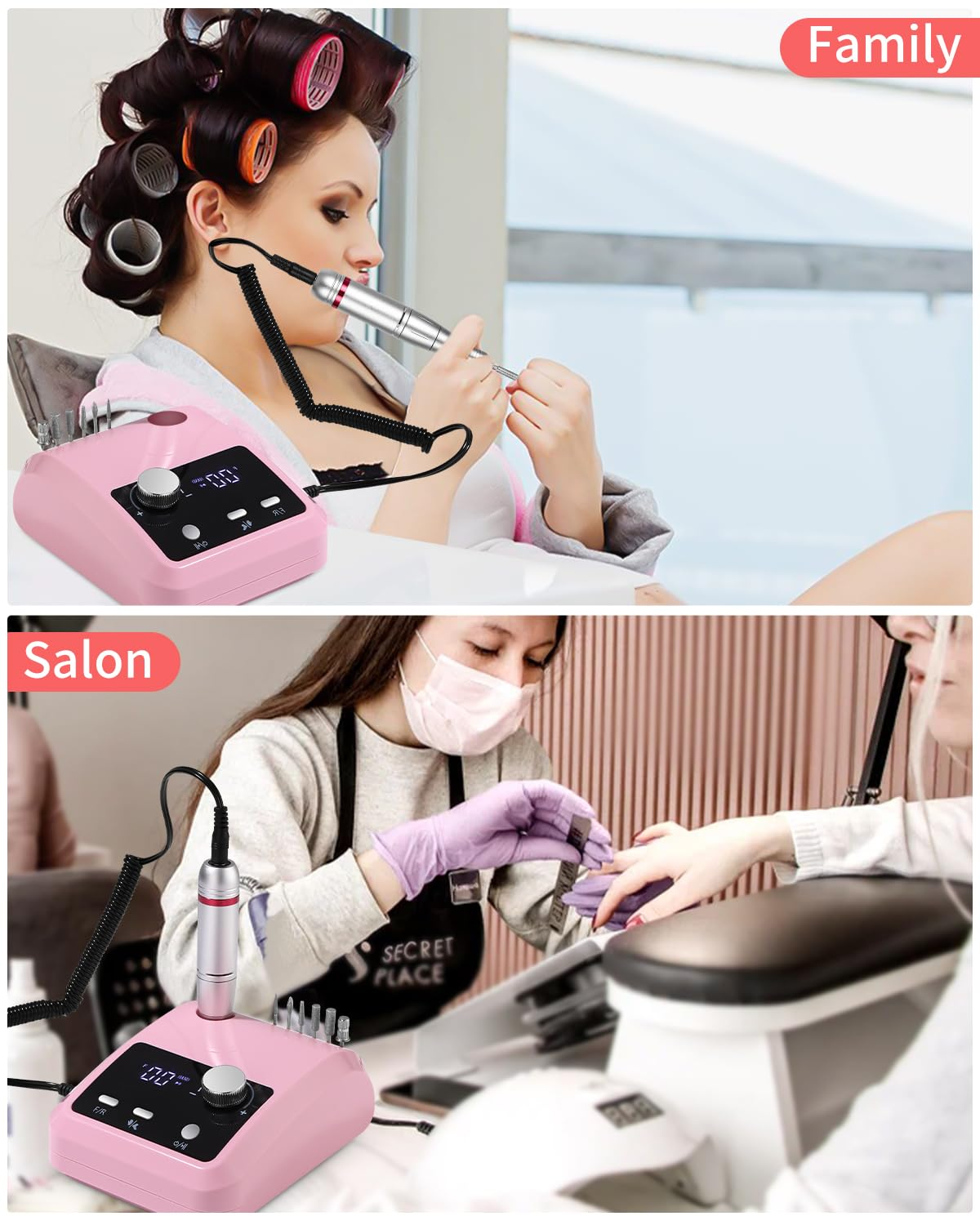 Frau im Salon und zu Hause mit einer rosa Nagelbohrmaschine.