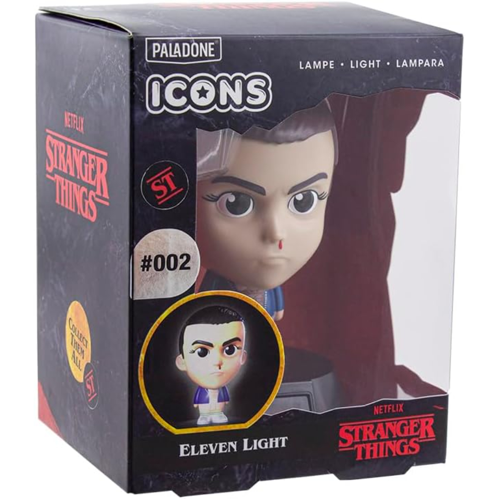 Una figura de Eleven de Stranger Things dentro de una caja, con detalles de la figura y la caja.