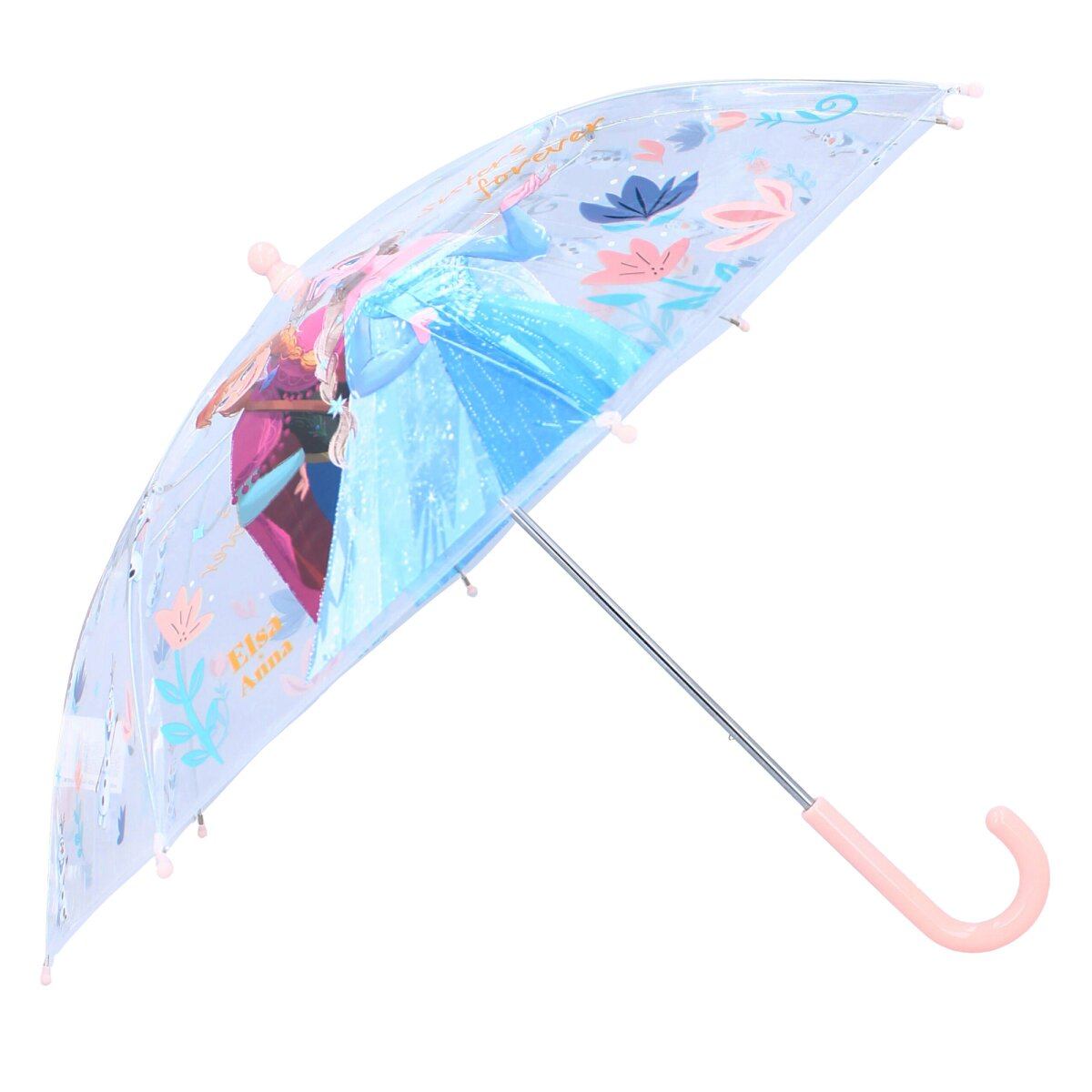 Ein Regenschirm mit Frozen-Figuren, Anna und Elsa, und dem Text 'Sisters forever'.