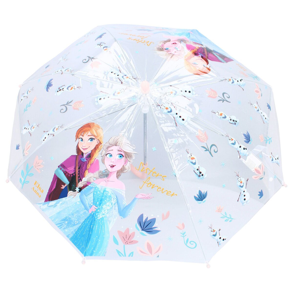 Ein durchsichtiger Regenschirm mit Frozen-Figuren, Anna und Elsa, und dem Text 'Sisters forever'.