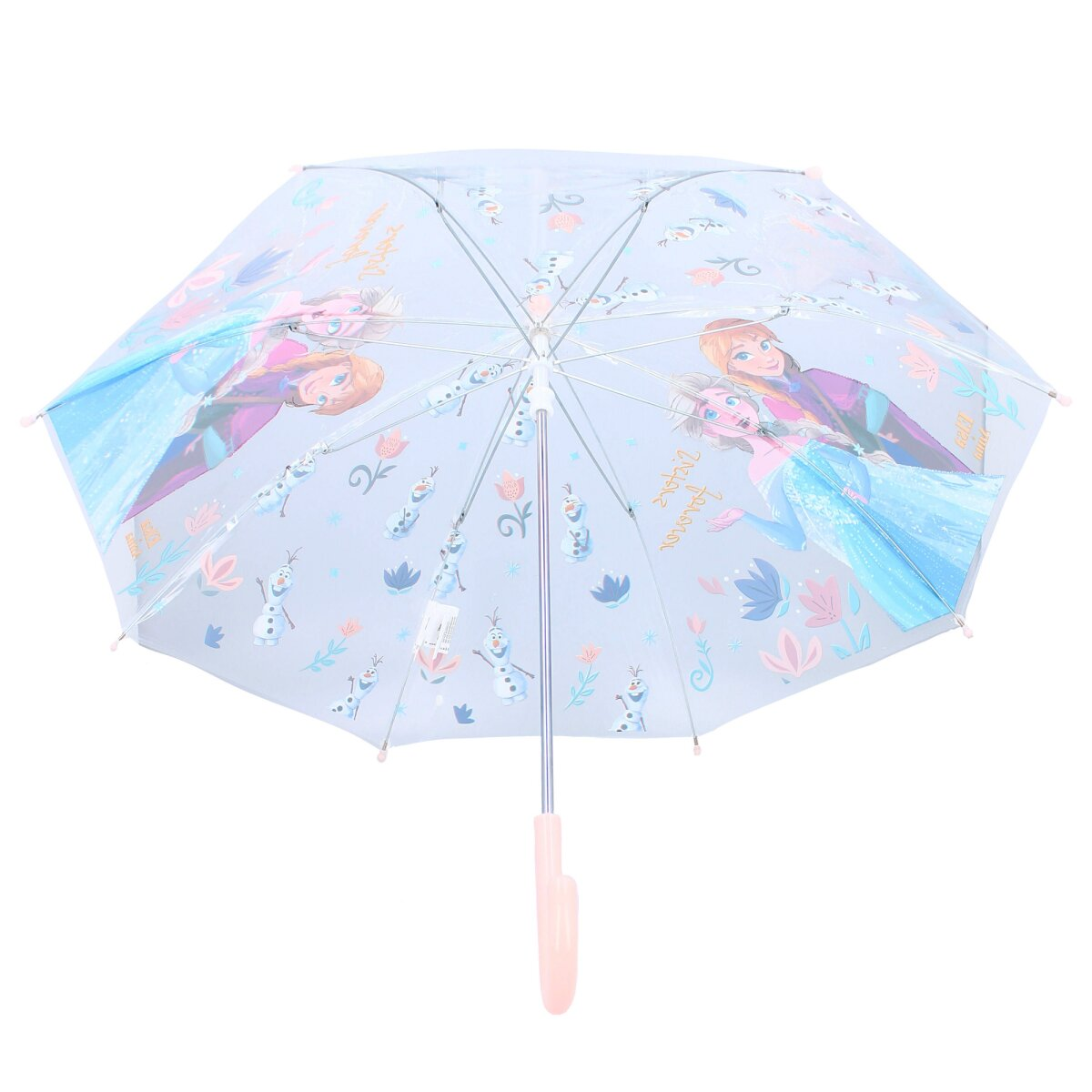 Ein Regenschirm mit Frozen-Figuren, Anna und Elsa, und dem Text 'Sisters forever'.