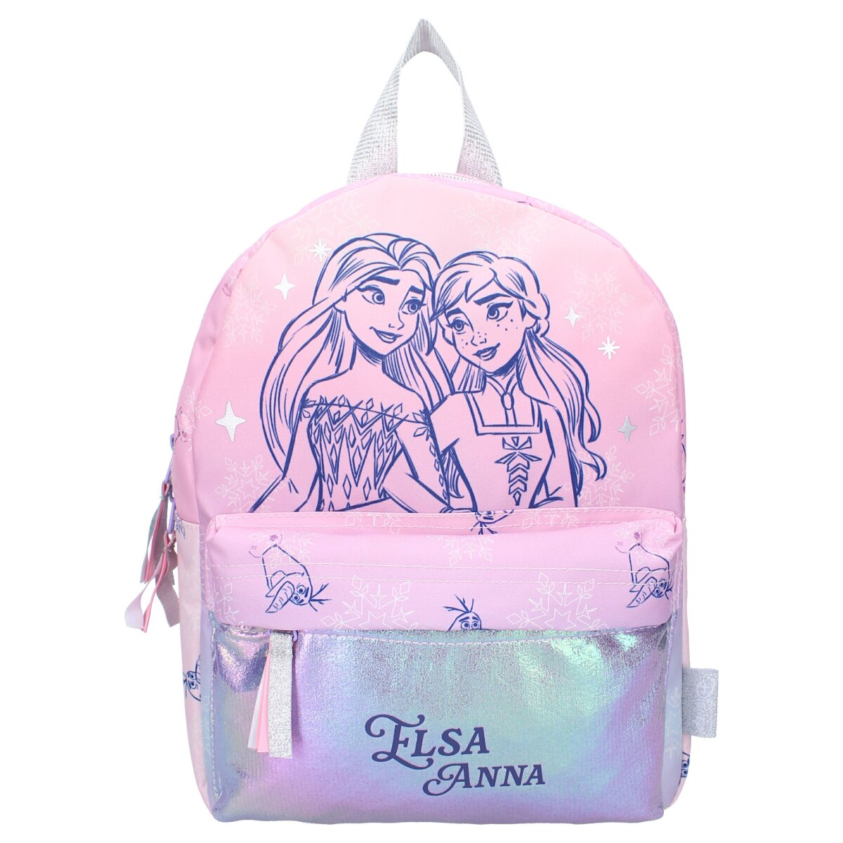 Rosa Rucksack mit Elsa und Anna aus Frozen, mit glitzerndem Boden und Henkel.