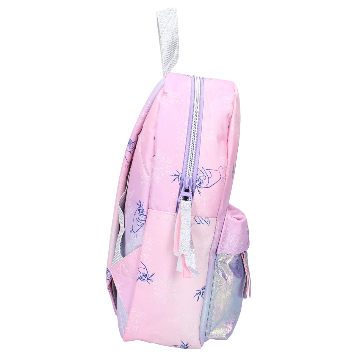 Rosa Rucksack mit Frozen-Figuren und Schneeflocken, Seitenansicht mit Reißverschluss und Griff.