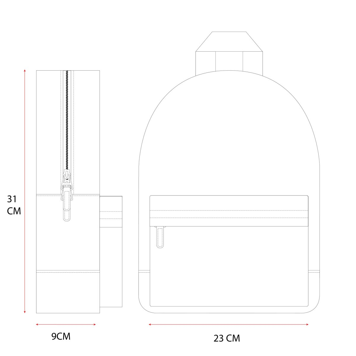 Strichzeichnung eines Rucksacks. Seitenansicht zeigt die Abmessungen: 31 cm Höhe, 9 cm Breite, 23 cm Länge.