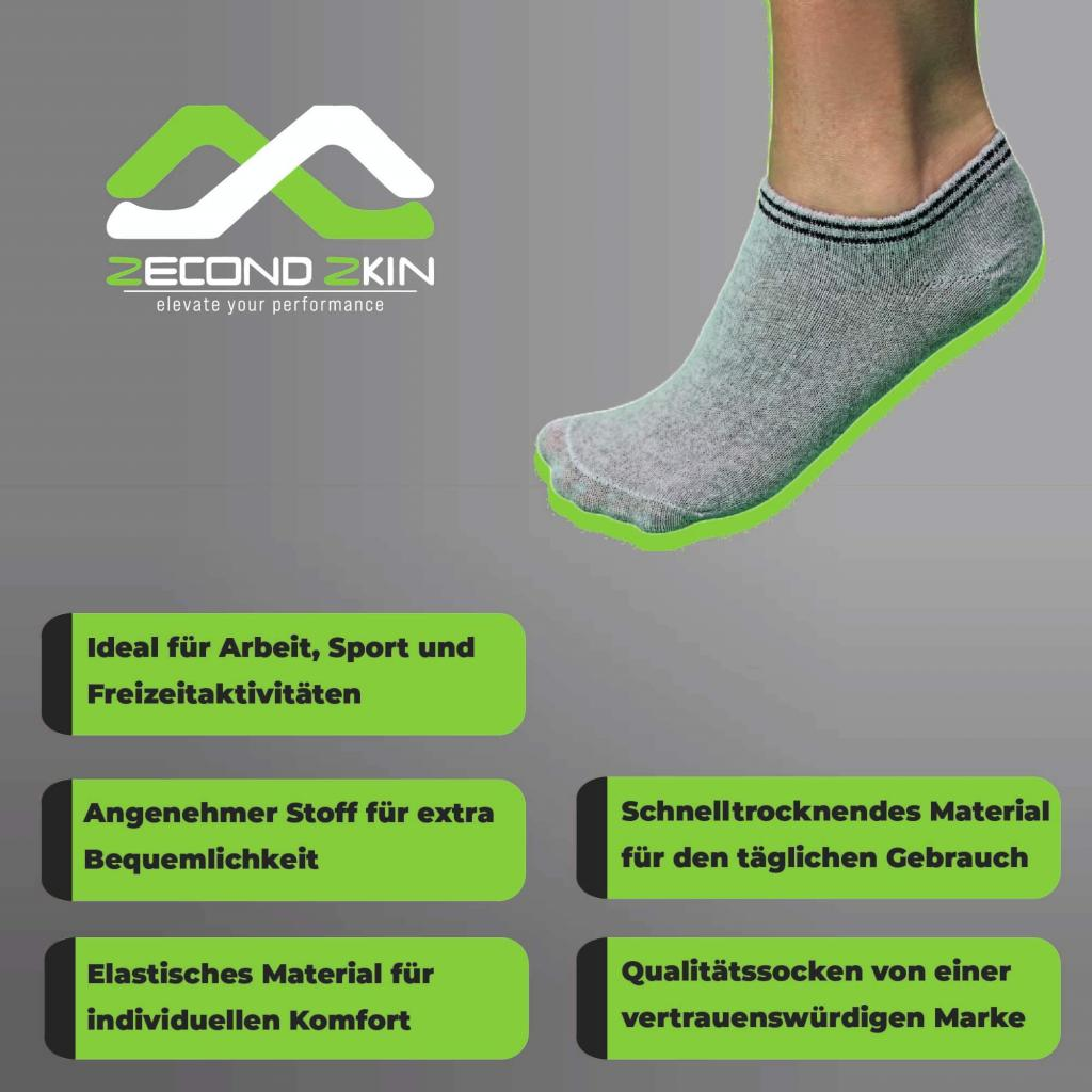 Graue Socke mit grünen Highlights und Textfeldern. Text auf Deutsch. Second Skin Logo.