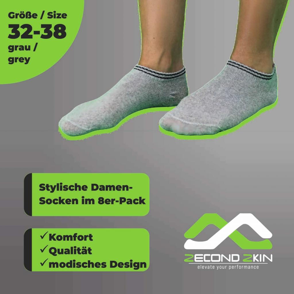Graue Sneaker-Socken mit grünen Akzenten, Größe 32-38. Textfelder heben Komfort, Qualität und Design hervor.