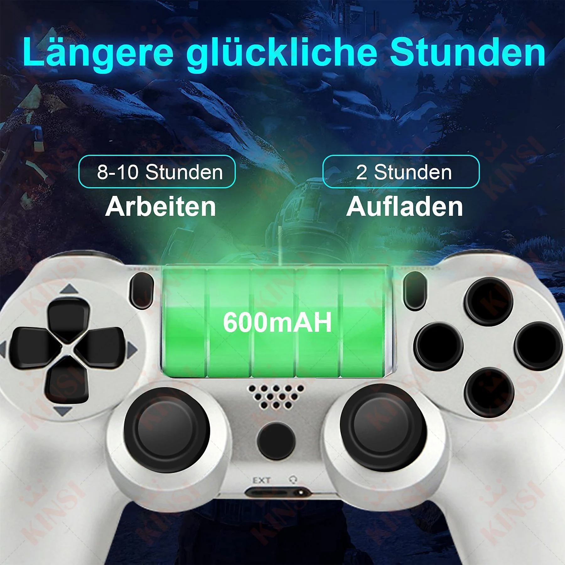 Weißer PS4-Controller mit Tasten. Text auf Deutsch: 8-10 Stunden Arbeit, 2 Stunden aufladen, 600mAh.