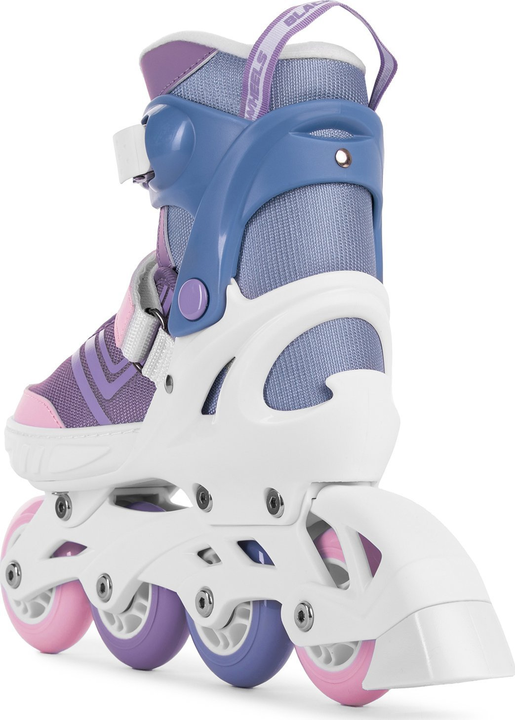 Weiße und blaue Rollschuhe mit rosa Rollen.