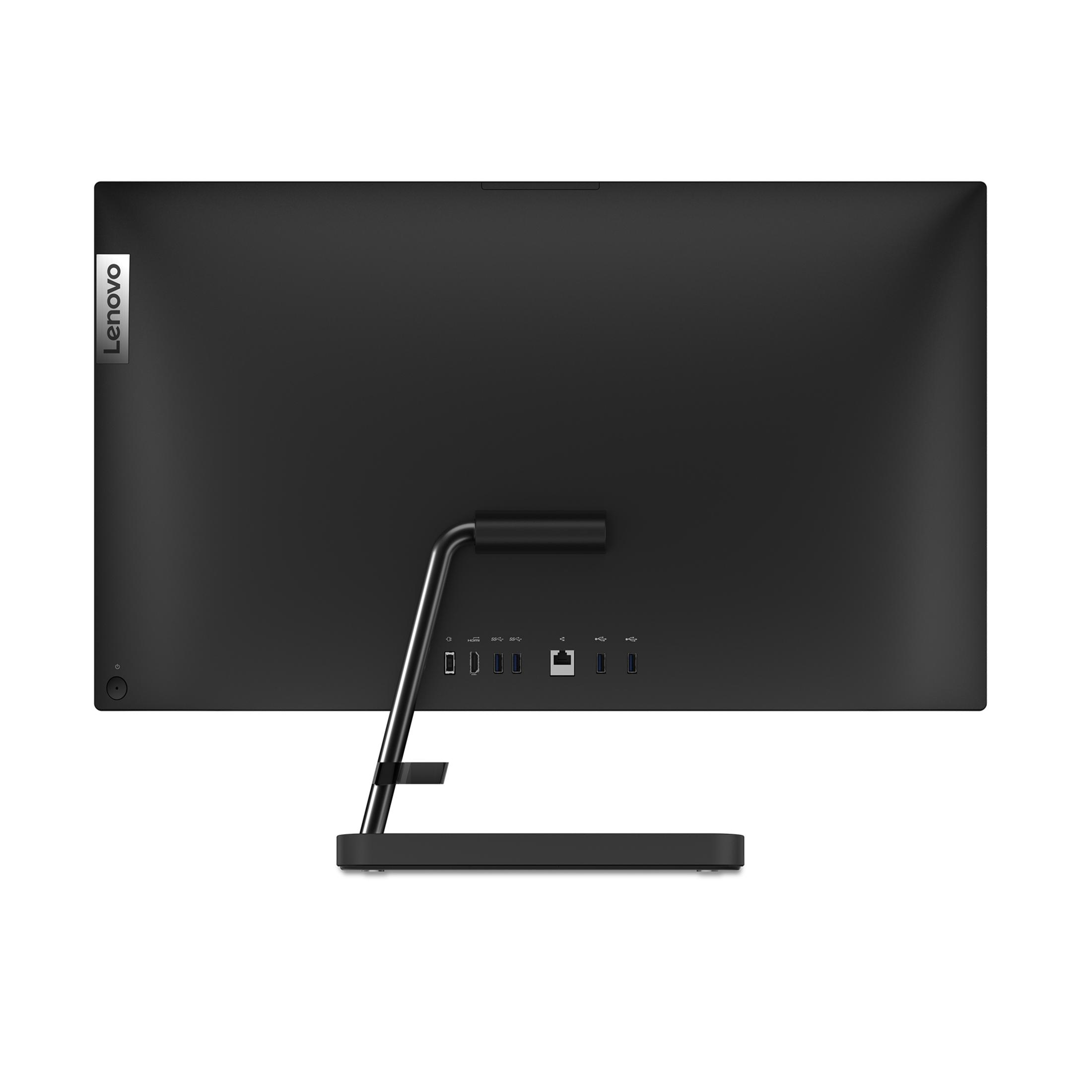 Rückseite eines schwarzen Lenovo All-in-One-Computers. Hat Anschlüsse, Ständer und Lenovo-Logo.