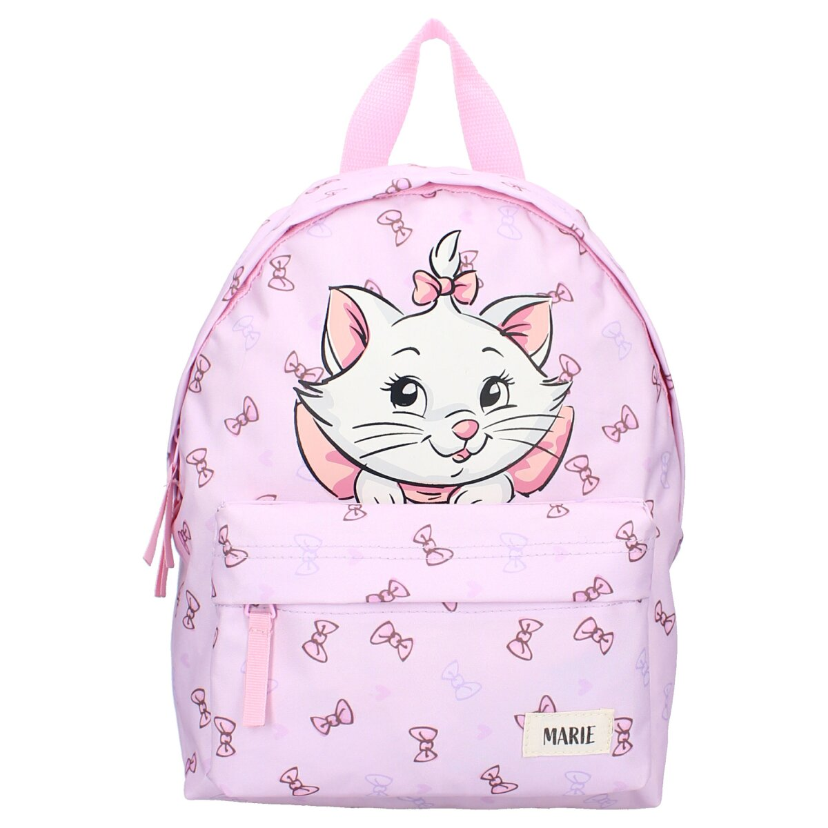 Rosa Marie-Rucksack mit Katzendesign und Schleifenmuster.