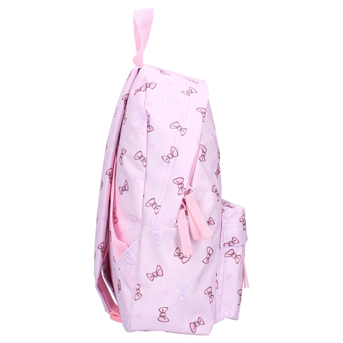 Rosa Rucksack mit Schleifen. Der Rucksack hat einen Griff und zwei Taschen.