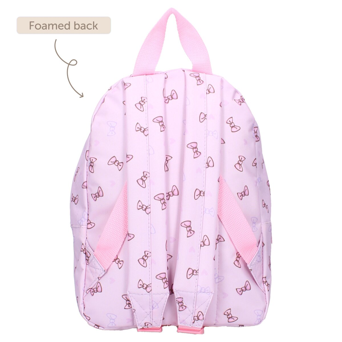 Rückseite eines rosa Rucksacks mit Schleifen, Herzen und Trägern. Es hat eine Schaumstoffpolsterung auf der Rückseite.