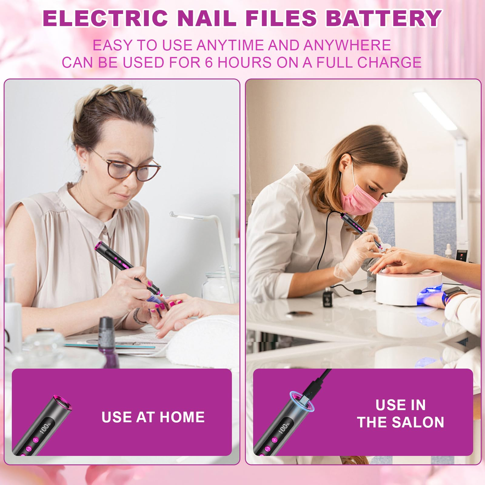Zwei Bilder: einmal Nagelbehandlung zu Hause und einmal im Salon. Beide zeigen Nagelfeile.
