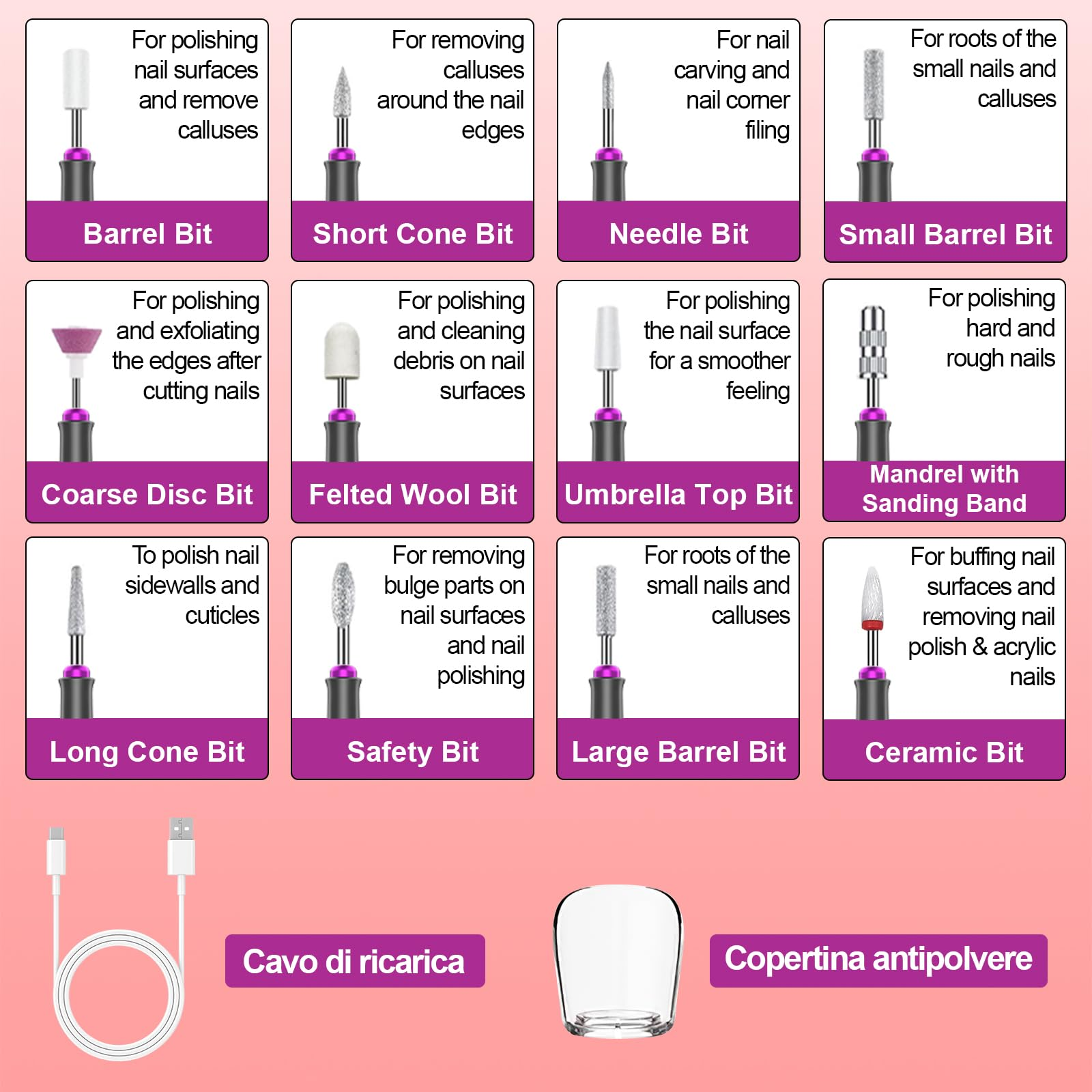 Ein Set von Nagelfräsern mit Namen. Enthält Barrel-, Kegel-, Nadel- und Scheibenfräser.