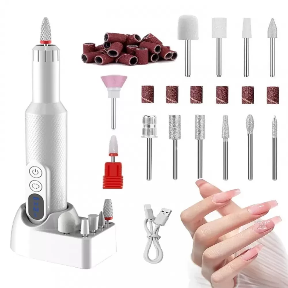 Nagelbohrer und Zubehör, einschließlich Bits, Ladestation und Hand.