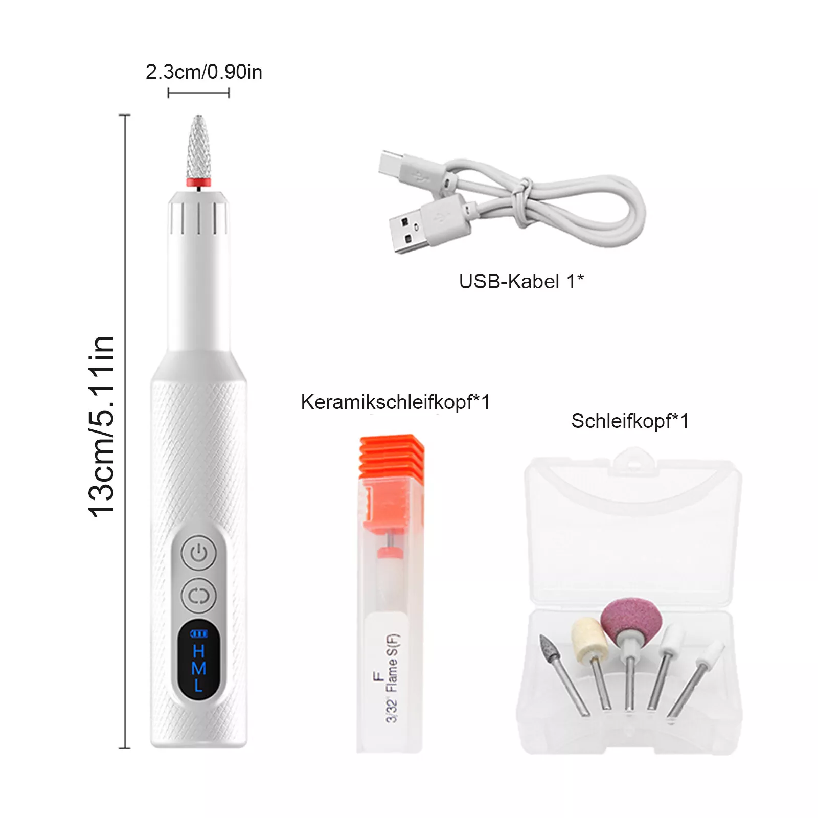 Elektrisches Nagelbohrset mit Zubehör, weißer Hintergrund, Maße und Beschriftungen.