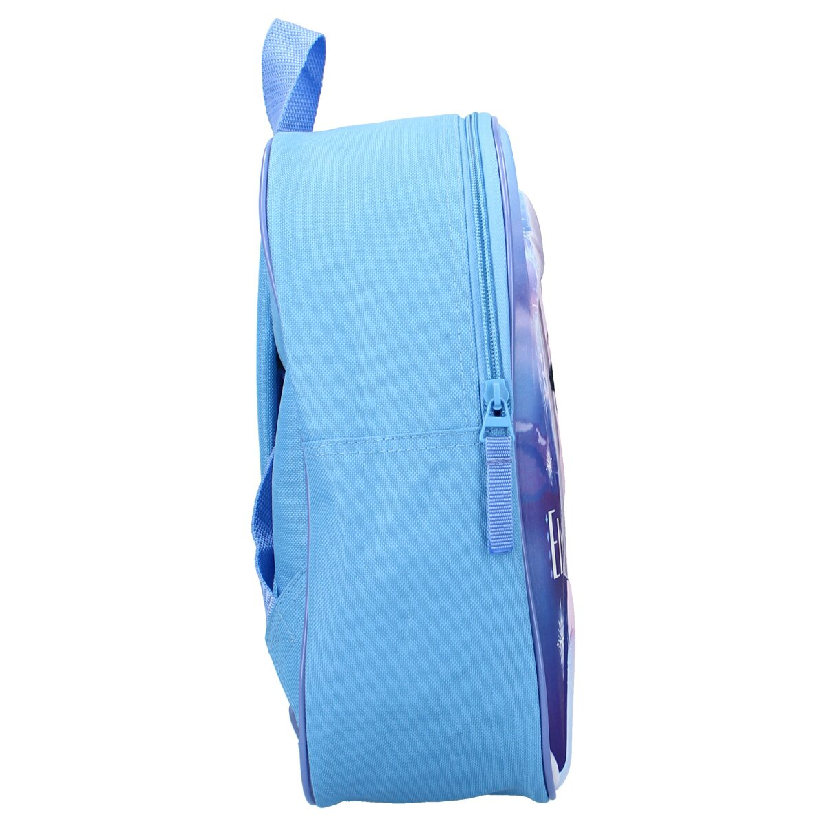 Blaue Seitenansicht eines Frozen-Rucksacks mit Reißverschluss und Griff.