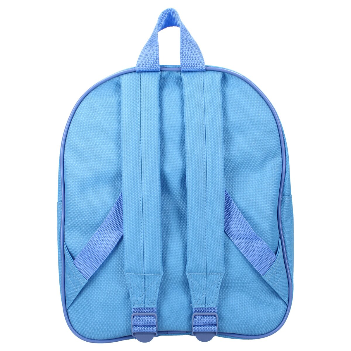 Rückansicht eines hellblauen Frozen-Rucksacks mit Riemen und Griff. Mit Design.