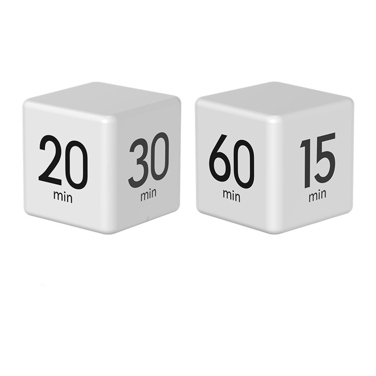 Zwei weiße Würfel mit den Zahlen 20, 30, 60 und 15, die verschiedene Zeitintervalle anzeigen.