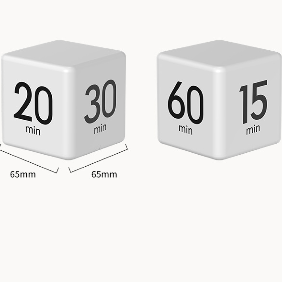 Zwei weiße Würfel mit Zahlen auf jeder Seite. Einer zeigt 20 Min. & 30 Min. Der andere zeigt 60 Min. & 15 Min.