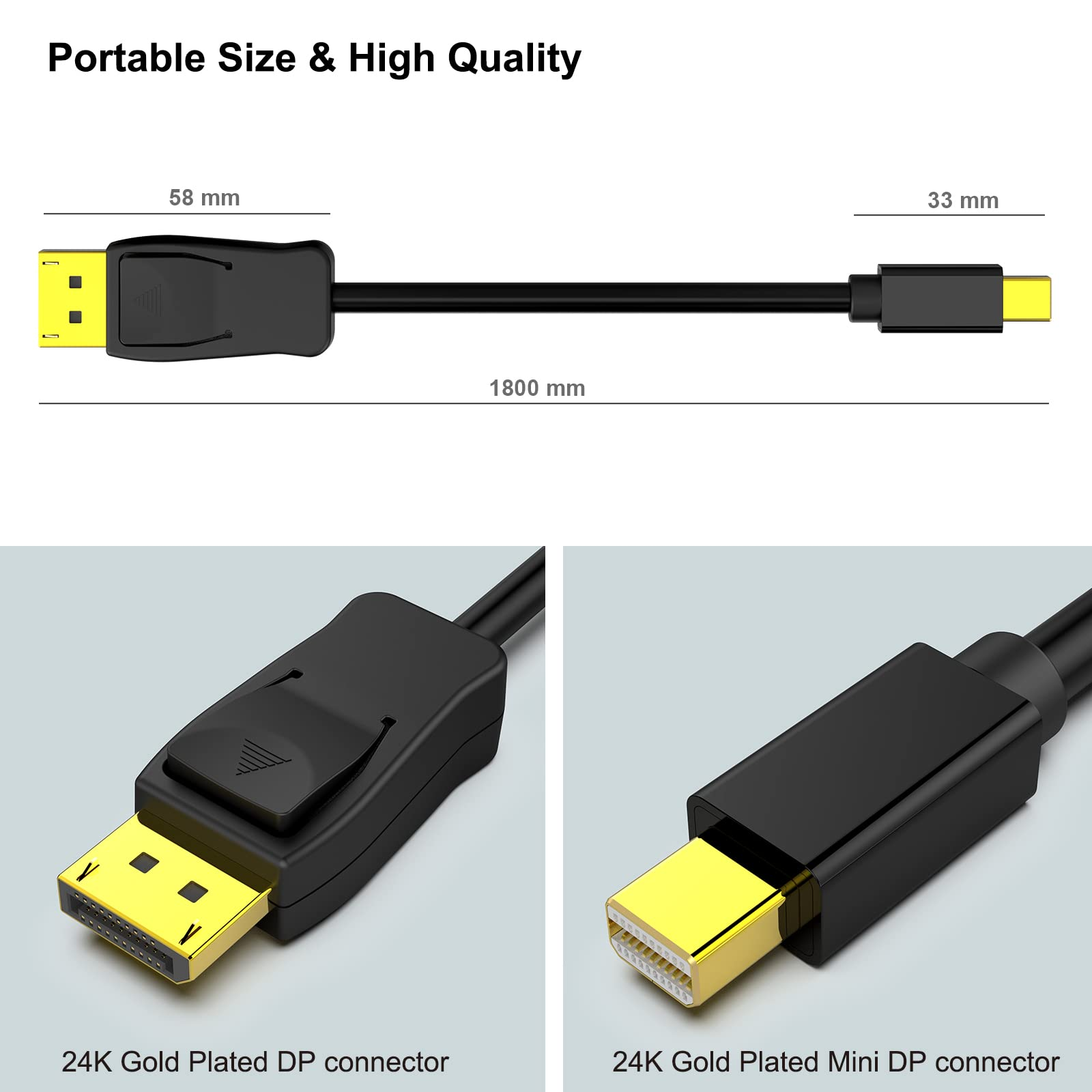 Schwarzes DP-zu-Mini-DP-Adapterkabel. Anschlüsse: vergoldete DP- und Mini-DP-Enden, schwarzes Kabel.