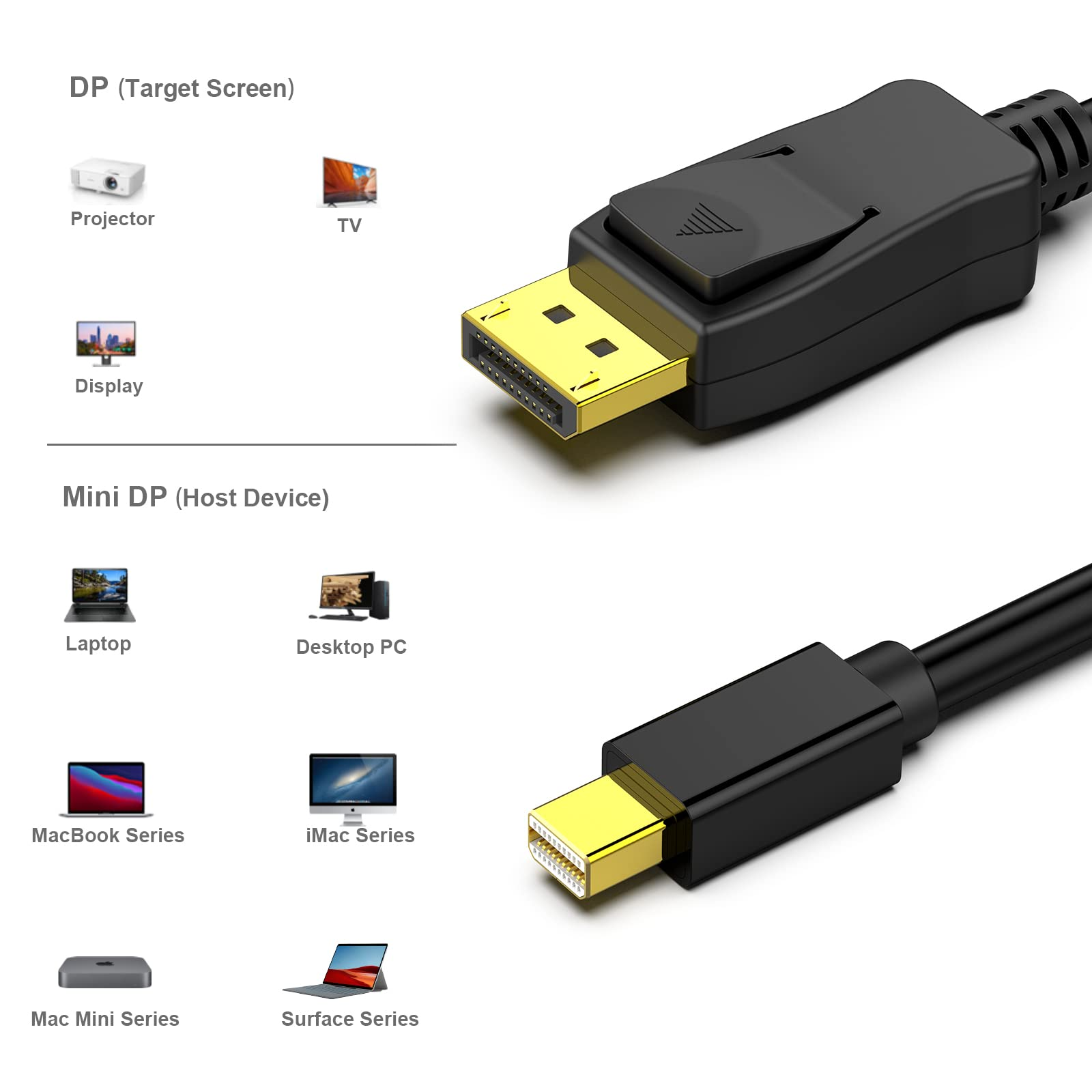 DP- und Mini-DP-Anschlüsse und ihre Verwendung. Symbole zeigen Geräte wie Laptops und Fernseher.