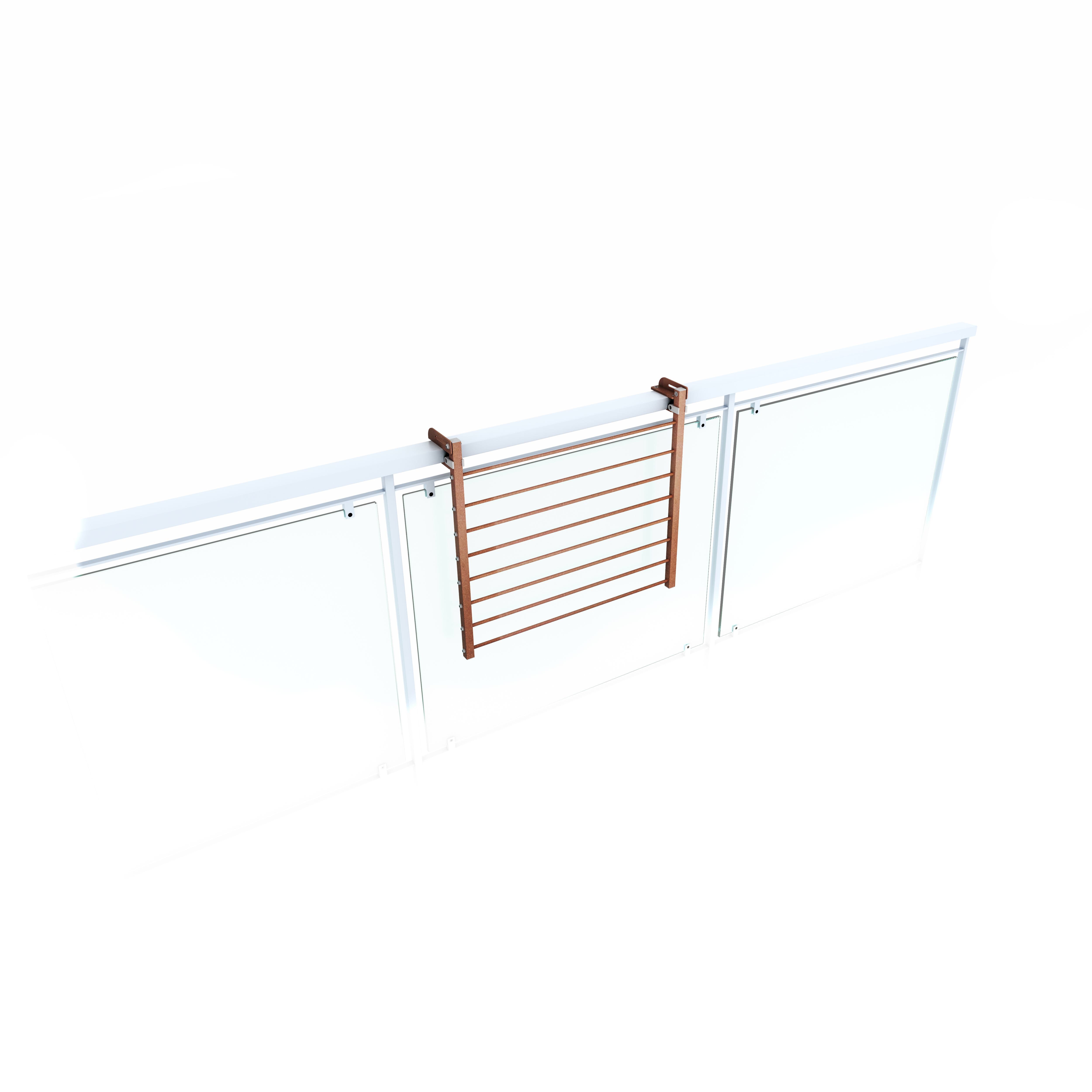 Stendibiancheria in legno montato a parete. Cornice in legno marrone con barre orizzontali.
