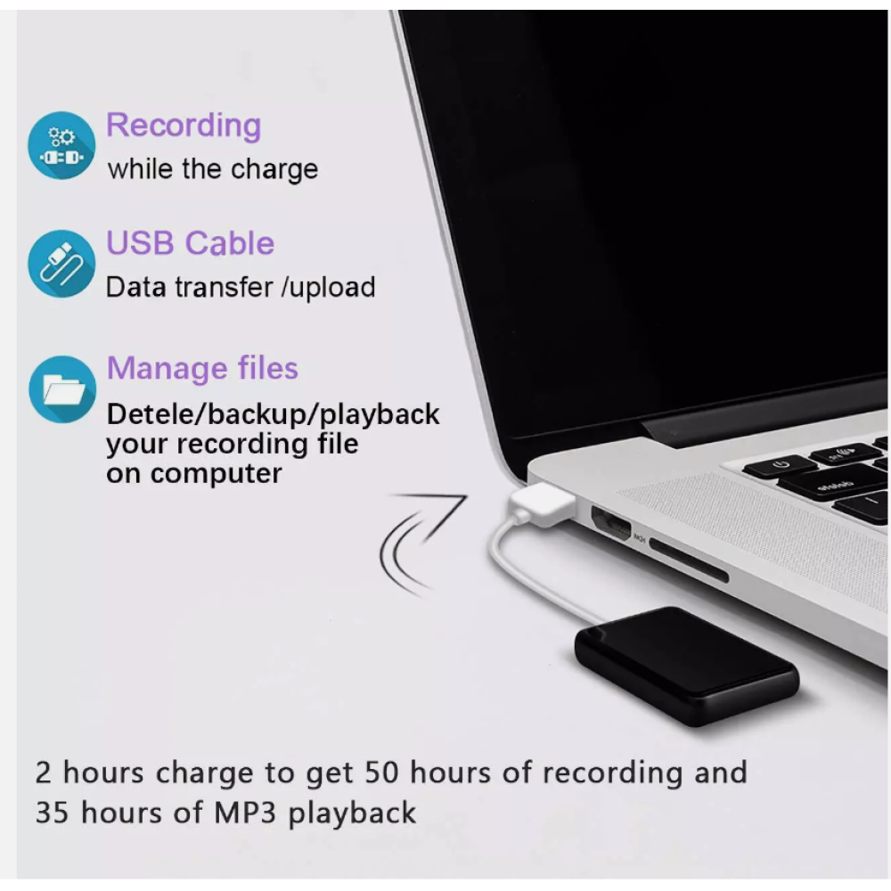 Ein Laptop, der über ein USB-Kabel mit einem schwarzen Rekorder verbunden ist, mit Infografiken zu den Produktmerkmalen.