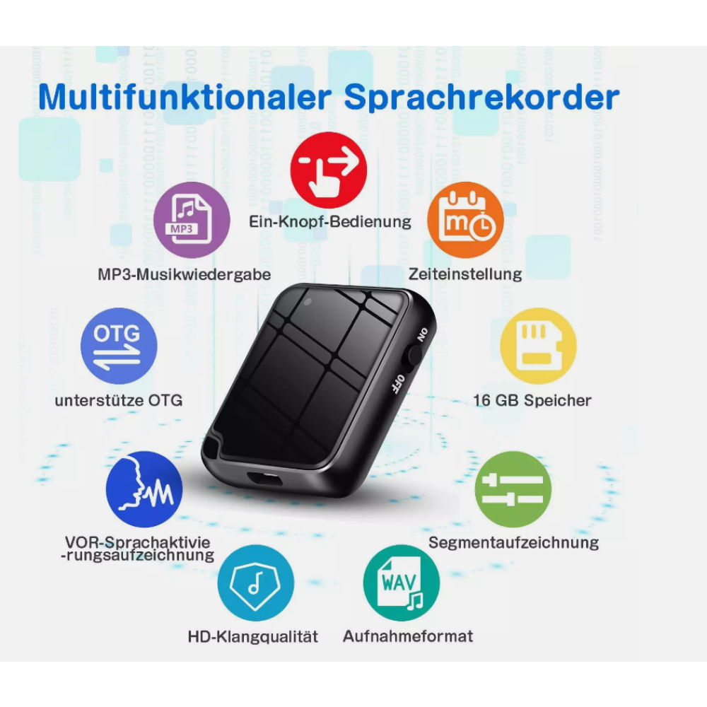 Schwarzes Diktiergerät mit Symbolen und Text auf blauem Hintergrund.