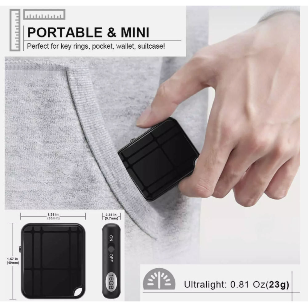 Ein kleines, schwarzes Gerät, beschriftet mit 16GB, wird in einer Hand gehalten, in der Nähe der Kapuze.