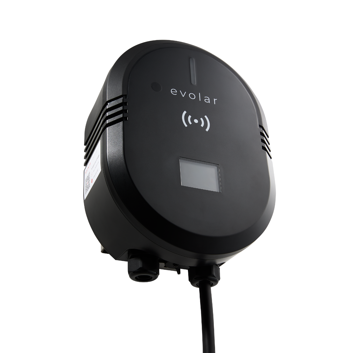 Black charging station with a screen and black cable against a black background.