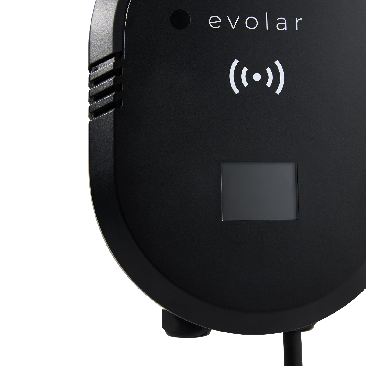 A black electric vehicle charger with the text "evolar" and a wireless charging symbol on it.