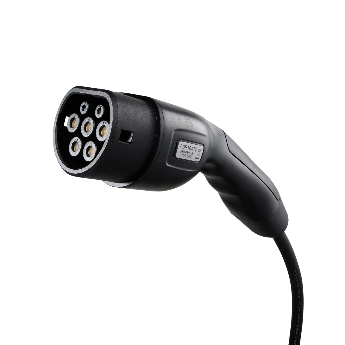 A black EV charging connector with the label A3P16AT2, against a black background.