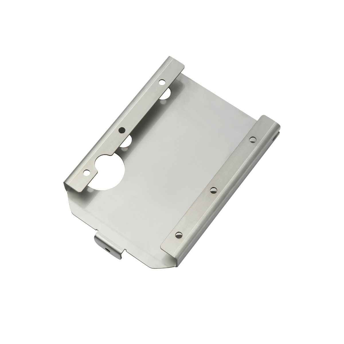 A metal bracket with a hole in the center and two raised rails.