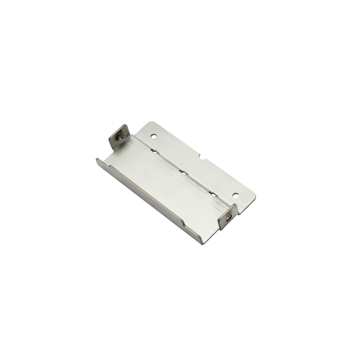 Metal bracket, silver color on black background. Two holes and two tabs.